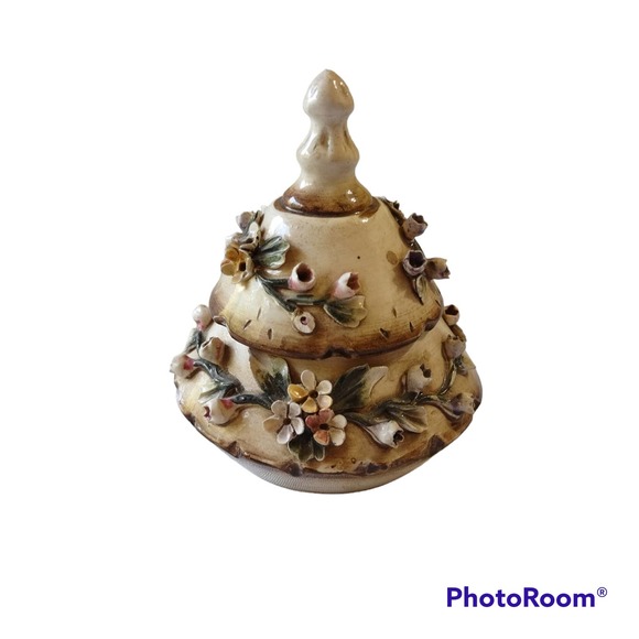 La Partenope Capodimonte Italy Clay Pottery Cone Floral Flower Trinket Box